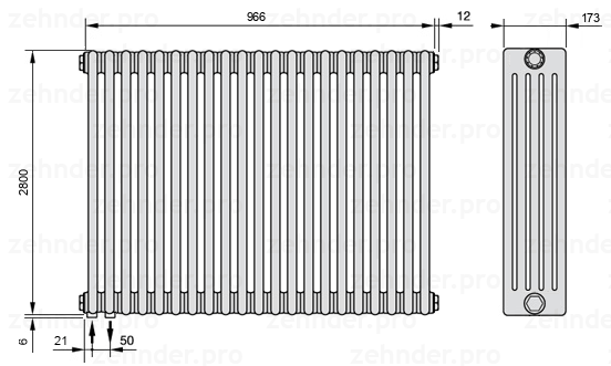 Схема (чертеж) Радиатор Zehnder Charleston 5280/21 №3370 Белый глянцевый RAL 9016